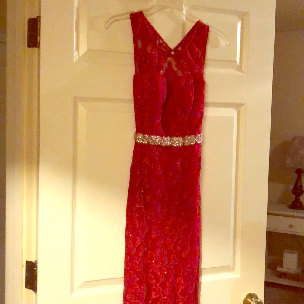 Floor length red shimmer formal dress